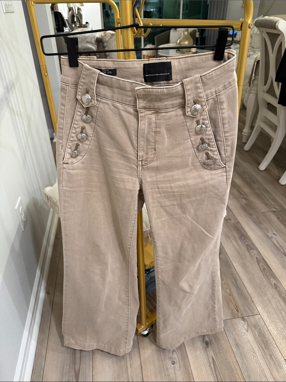White House Black Market Wide Leg Button-Accent taupe/beige soft denim